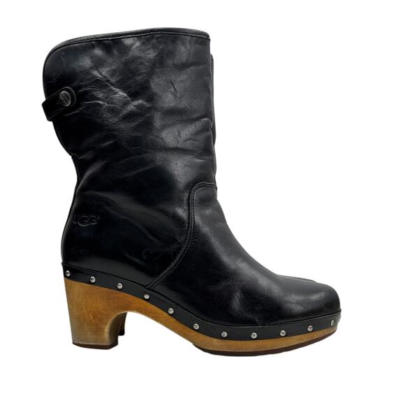 UGG Lynnea Shearling Lined Boot SZ 7 Women's Wood Clog Cuff Leather Pull On - Picture 2 of 16